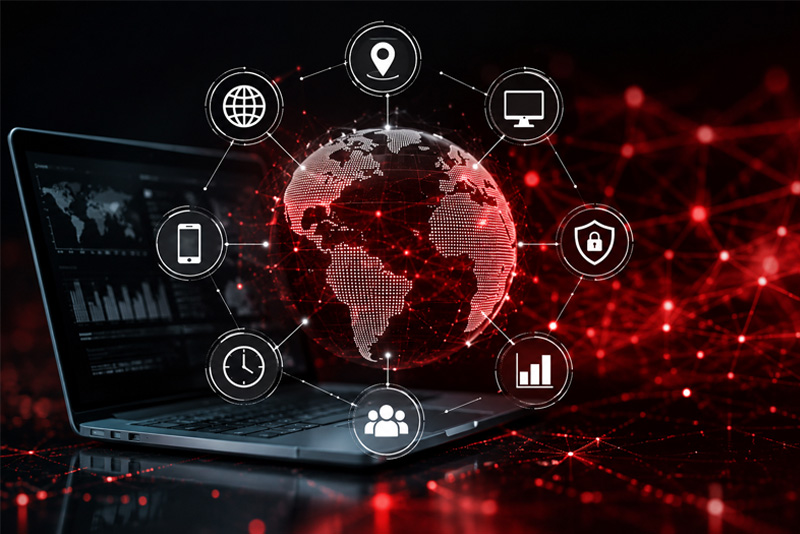 Red and black digital technology scene with a laptop, connected globe, security, device, analytics, and network icons.