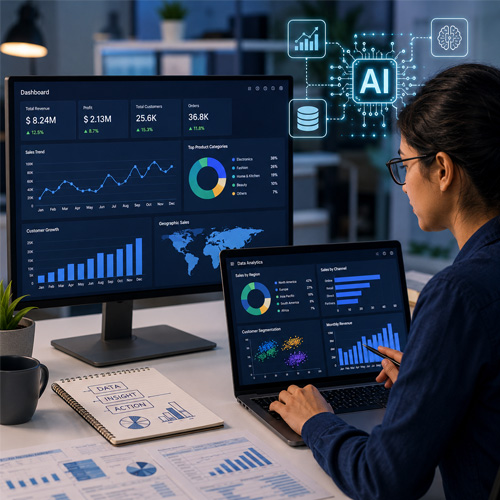 AI Integrated Career Courses After +2 & Degree Data analyst working with dashboards, charts, and AI-based analytics on computer screens
