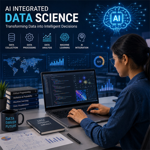 AI Integrated Career Courses After +2 & Degree Data scientist analyzing datasets with charts, graphs, and AI visualization on multiple screens using laptop