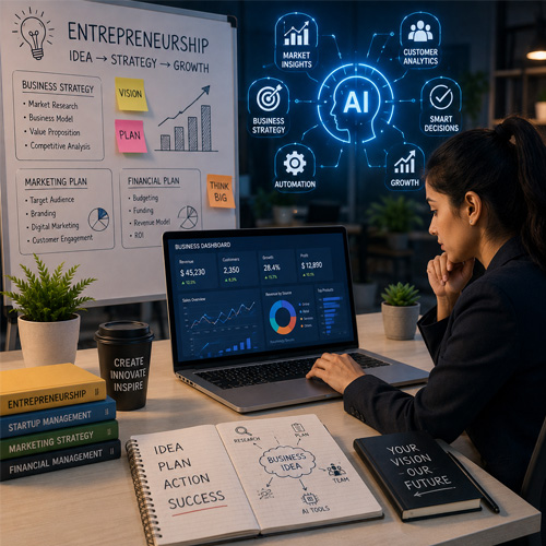 AI Integrated Career Courses After +2 & Degree Entrepreneur planning business strategy using laptop with AI analytics, charts, and startup planning board
