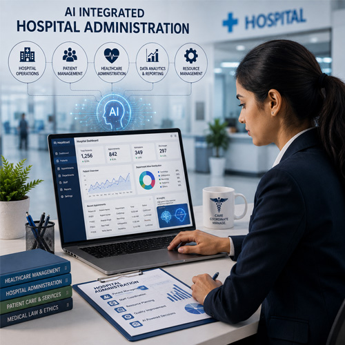 AI Integrated Career Courses After +2 & Degree Hospital administrator managing operations with AI dashboard, patient data, and healthcare analytics on laptop