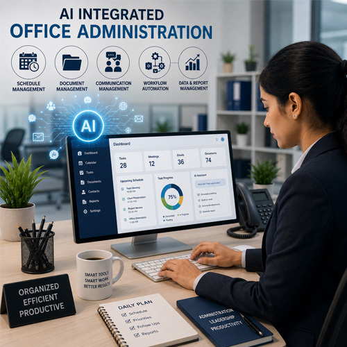 AI Integrated Career Courses After +2 & Degree Office administrator working with AI tools, managing schedules, documents, and digital workflows on computer