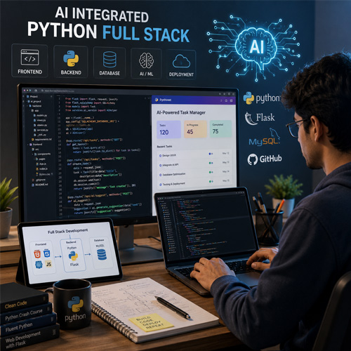 AI Integrated Career Courses After +2 & Degree Developer working on Python full stack project with code editor, web application dashboard, and AI technology visuals on multiple screens