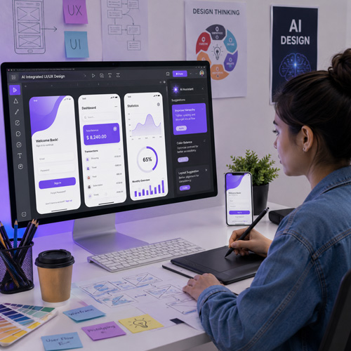 AI Integrated Career Courses After +2 & Degree Designer creating UI UX wireframes and mobile app interfaces using AI tools on computer and tablet
