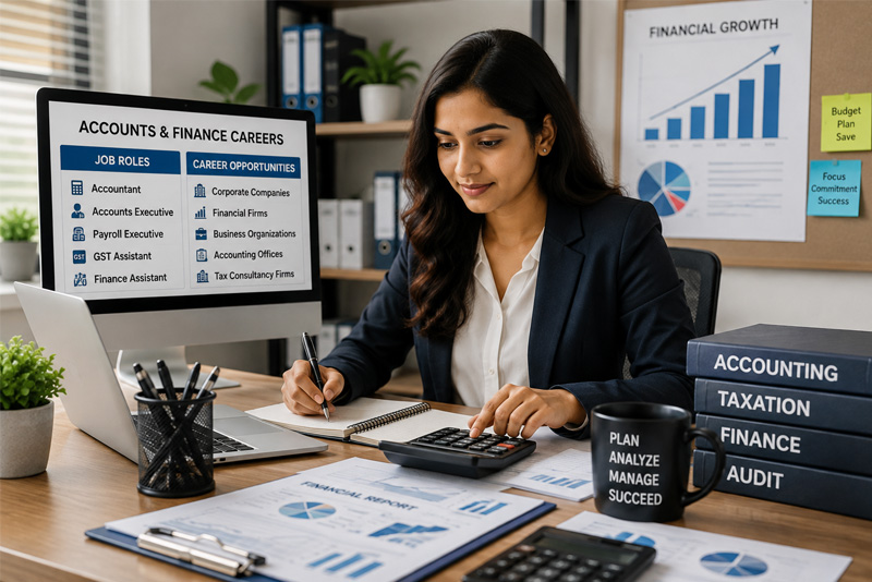 Accounts and finance professional working with financial reports and accounting documents in an office