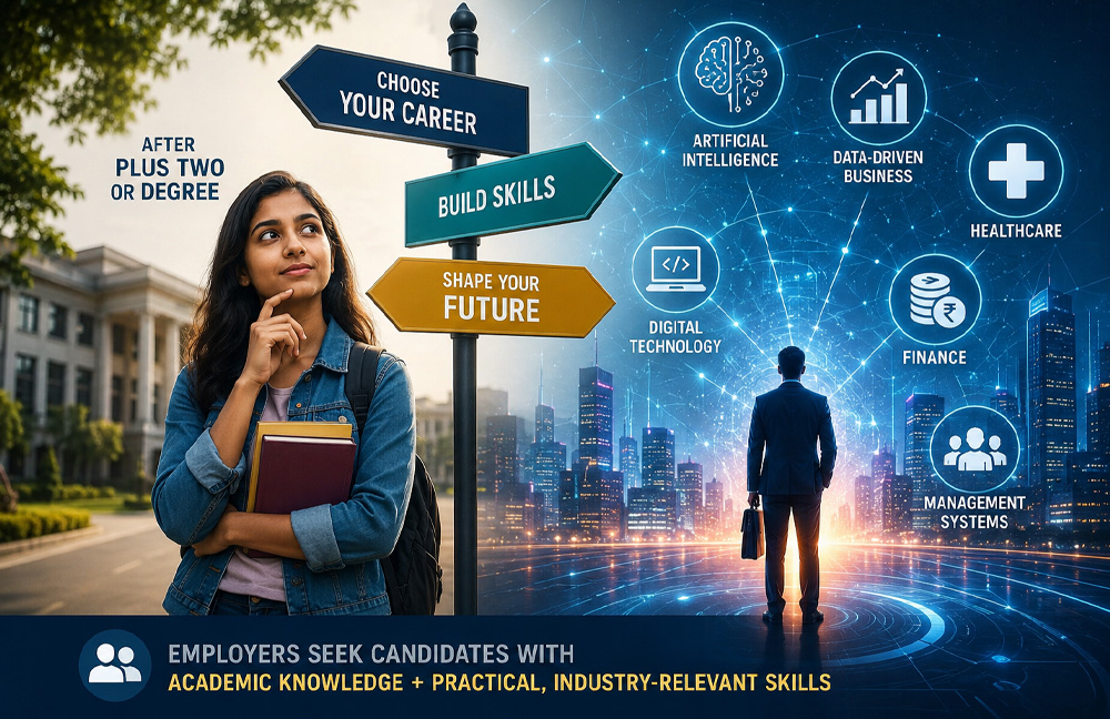 AI Integrated Career Courses After +2 & Degree Student choosing career path after plus two or degree with AI, technology, data science, healthcare, and finance career options in a futuristic concept illustration