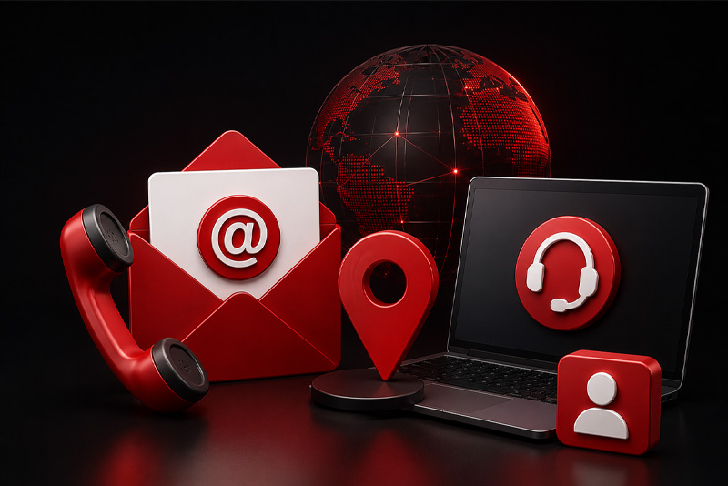 Red and black 3D contact illustration featuring a telephone, email envelope, location pin, globe, laptop, and customer support headset.
