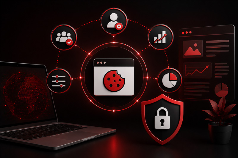 Red and black digital privacy illustration featuring a cookie icon, laptop, analytics, user settings, controls, and security shield.