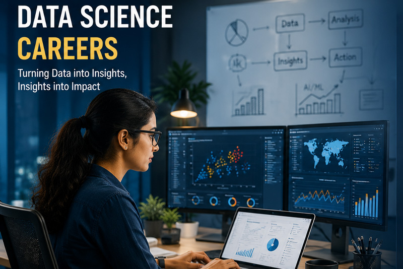 Data science professional analyzing data dashboards on a laptop in a modern workspace