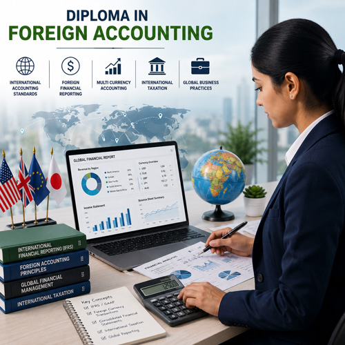 AI Integrated Career Courses After +2 & Degree Professional managing international accounting data with global financial reports, currency analysis, and accounting software