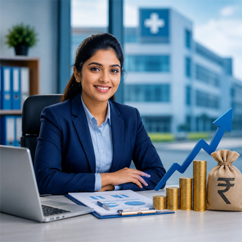 Hospital administrator reviewing financial reports with salary growth and career advancement concept in a modern healthcare office.