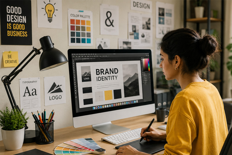Graphic designer creating brand and visual designs using a graphics tablet in a modern creative workspace