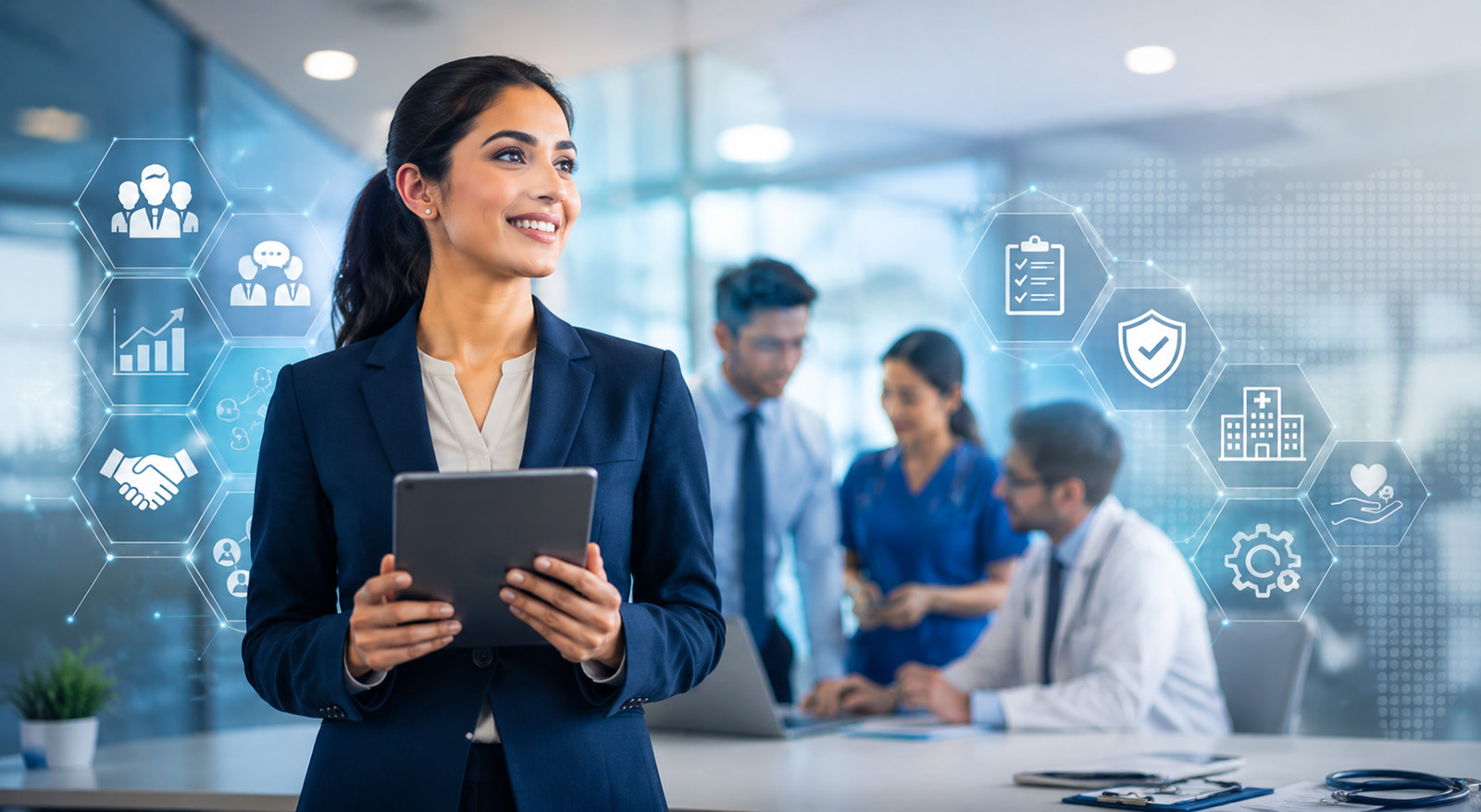 Hospital administrator leading a healthcare team in a modern medical environment
