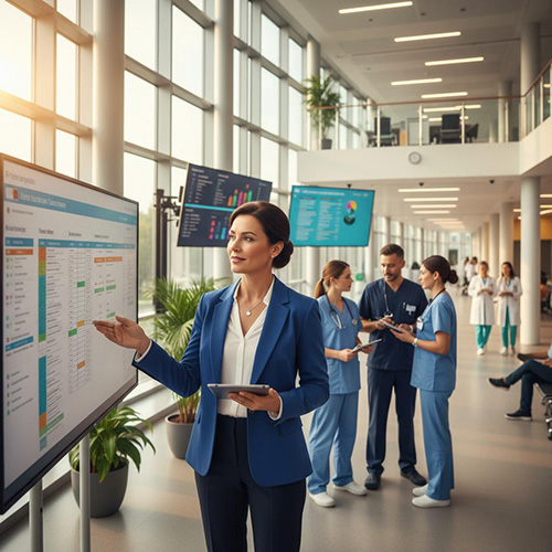 Modern healthcare management professionals working in a hospital