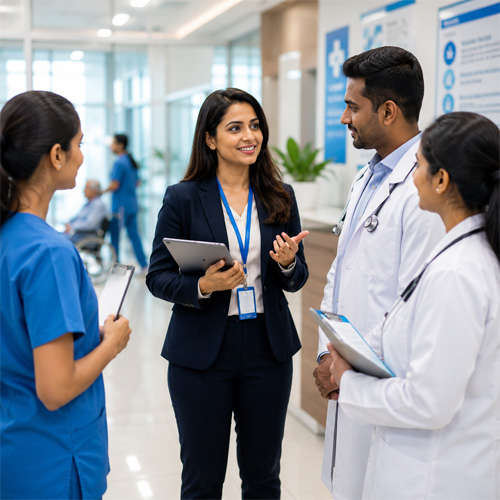 Hospital administrator discussing patient care and hospital operations with doctors in a modern healthcare facility.