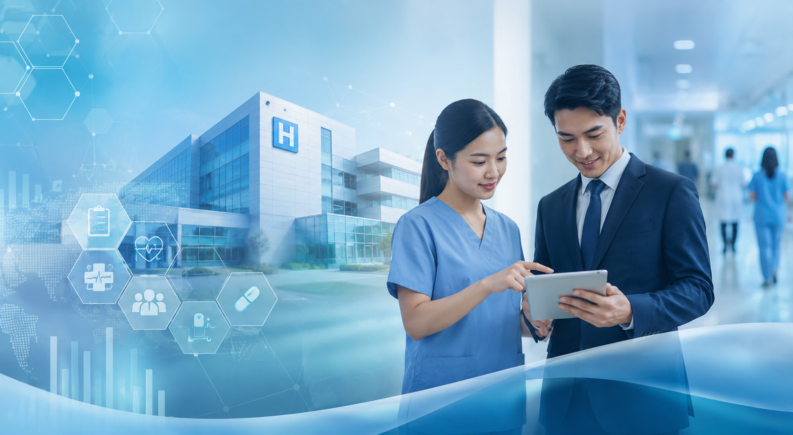 Modern hospital administration and healthcare management professionals collaborating in a hospital setting