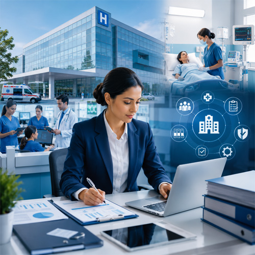 Hospital Administration vs Healthcare Management Hospital administration professional managing healthcare operations in a modern hospital setting