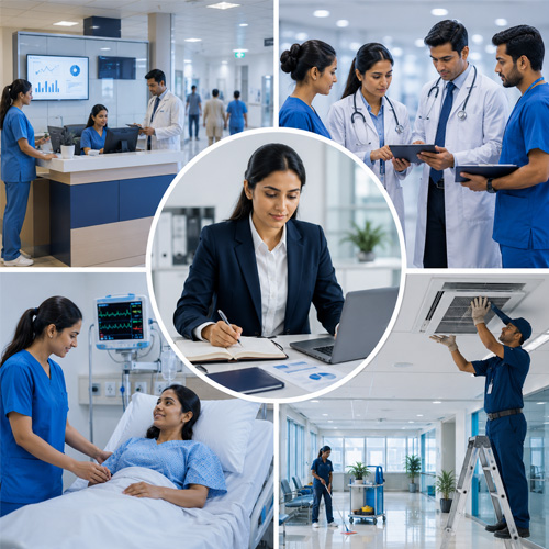 Hospital Administration vs Healthcare Management Hospital administration professional managing daily operations, staff coordination, patient services, and hospital facilities