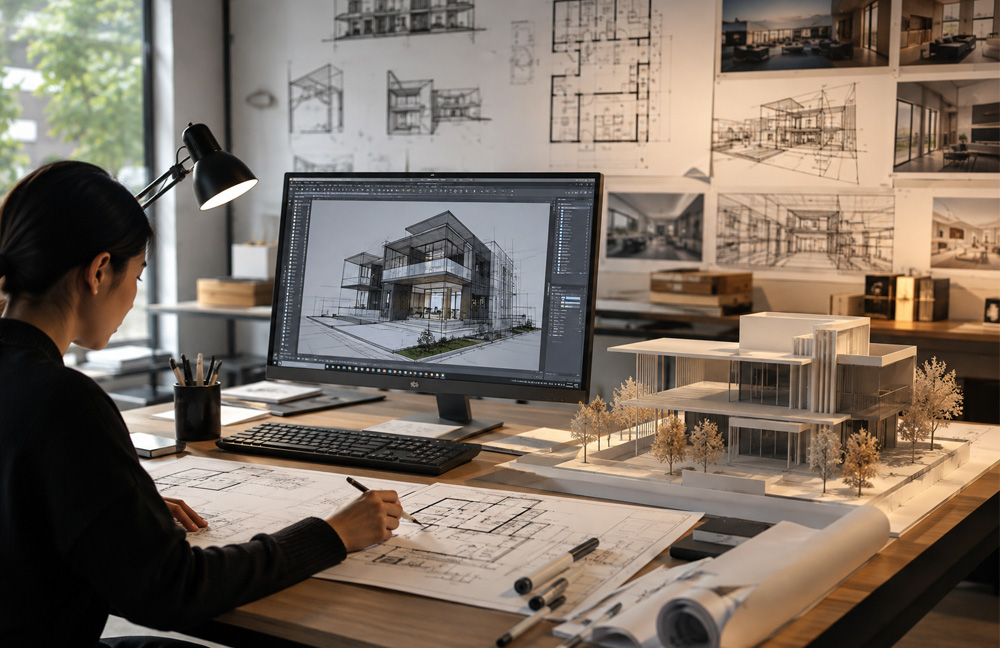 Student working on architectural design with 3D model, blueprints, and computer rendering in a modern studio