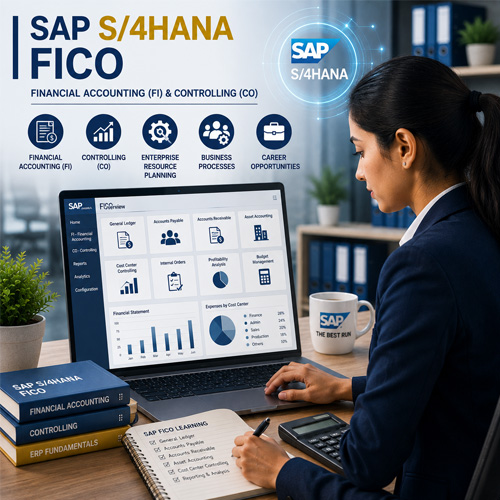 AI Integrated Career Courses After +2 & Degree Professional using SAP FICO dashboard on laptop managing financial accounting and controlling processes