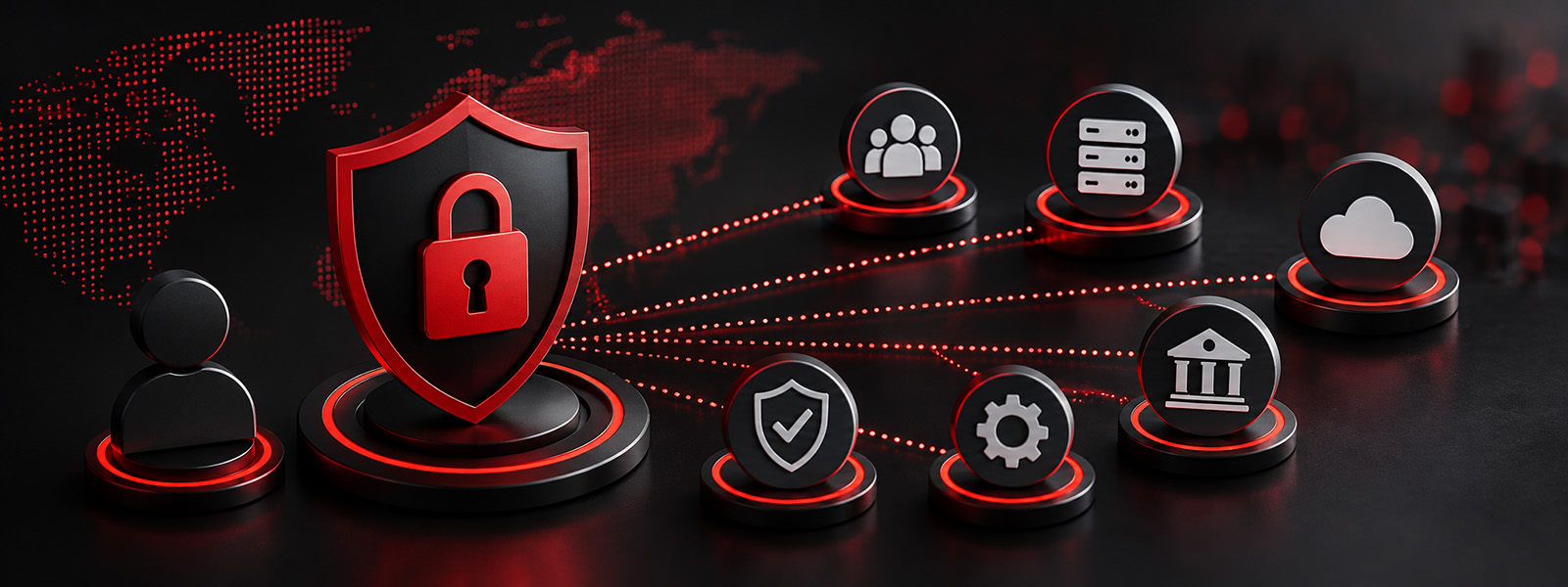 Red and black cybersecurity illustration showing a protected shield connected to users, servers, cloud services, and institutional data networks.
