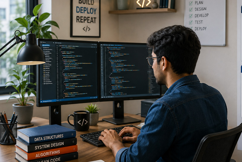 Software developer coding on dual monitors in a modern technology workspace