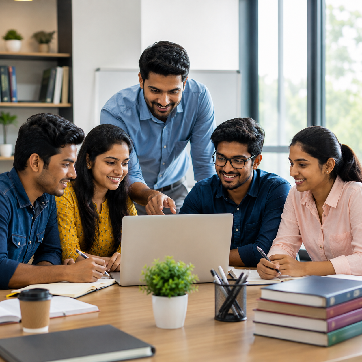 Indian students learning with an expert mentor during a collaborative training session at Excellence Group of Institutions.
