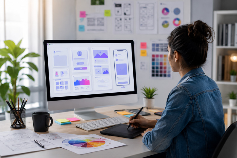 UI/UX designer working on digital interface designs in a modern creative workspace