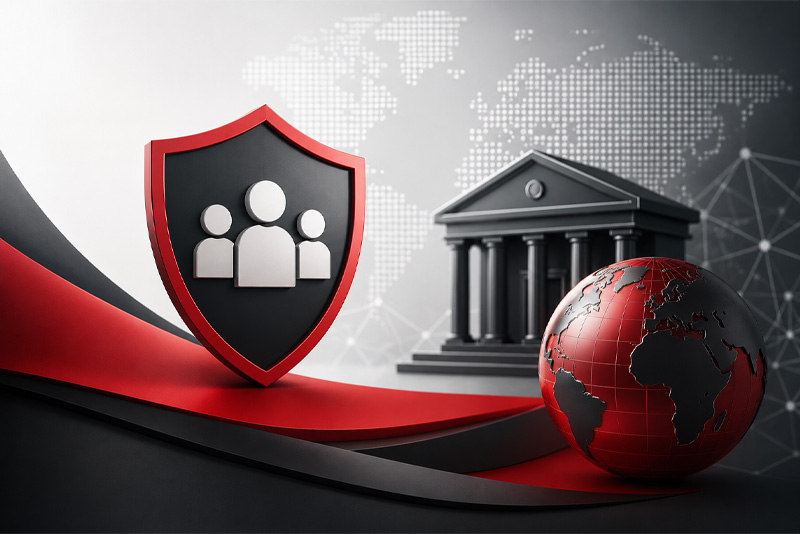 Red and black corporate illustration featuring a shield with people, an educational institution, and a globe symbolizing trust and global education.